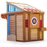 Wooden Kids playhouse with roof, and archery target
