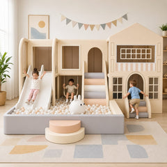 customised playset with a ball pit, slides, climbing stairs, and a house-shaped upper level with children playing