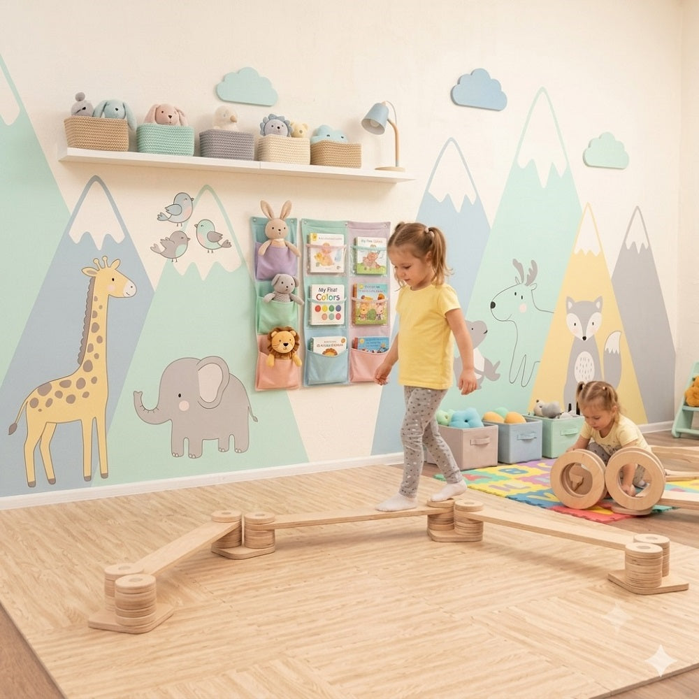A child's playroom with a young girl walking over a Wooden Balance Beam for Kids Indoor Playset.
