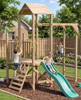 Kids enjoying Megastar wooden climbing outdoor playset .