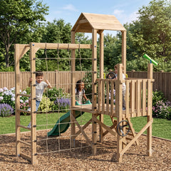 Kids playin on the Cedarquest Wooden climbing playhouse with Slide and climbing ladder.