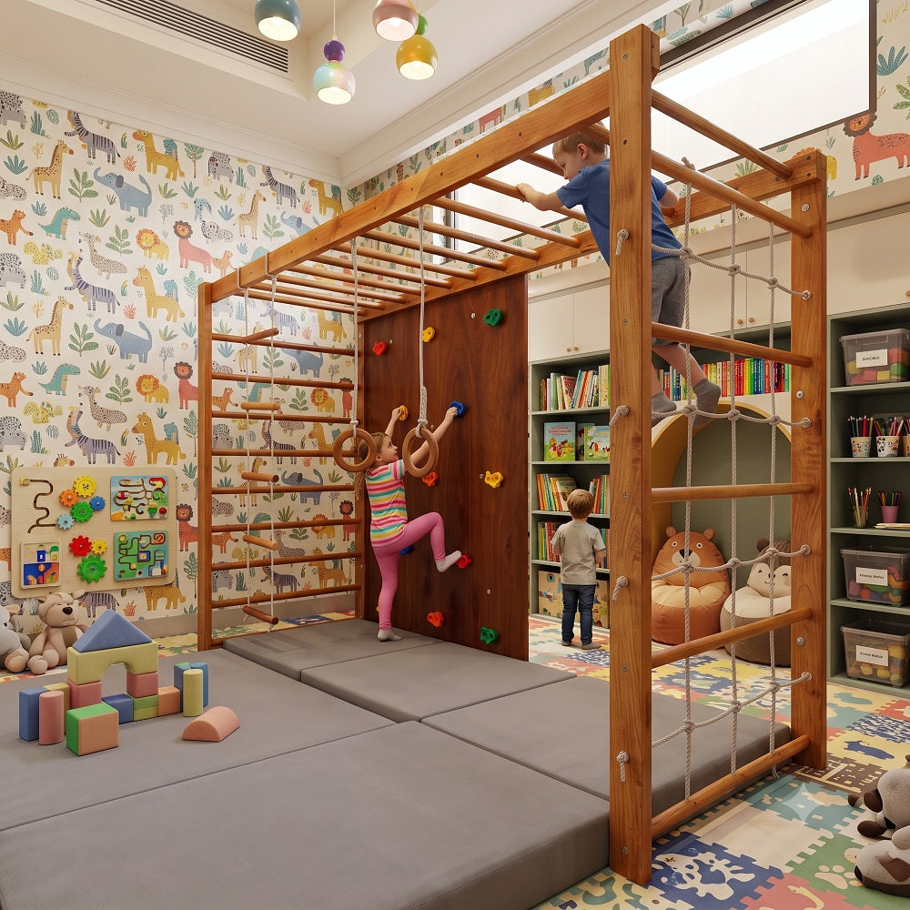 Megastar Customised Kids Wooden Climbing Frame Home Gym With Monkey Bars in the Kids' Room