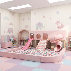 Front View of Pink custom indoor soft play playset with slides, ball pit, and soft foam design in the Kids Room
