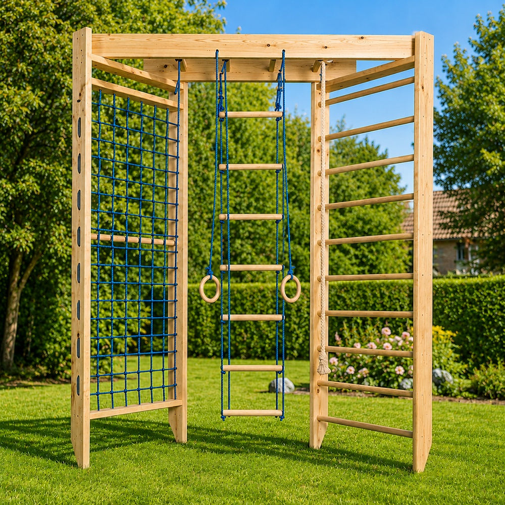A wooden outdoor kids gym playground structure with a climbing net, ladder with hanging rings, and wall bars