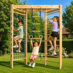 A kid's wooden outdoor play structure in a backyard, with climbing, swinging, and balancing features