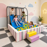 Kids colorful soft play indoor commercial playground with a striped ball pit, blue slide, climbing frame, and small step stools