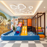 A colourful kids' indoor commercial playground with a ball pit, dual slides, and animal-and-ocean murals