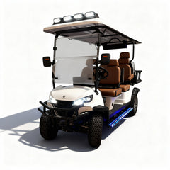 Front view of White Signature Lifted 6 Seater Golf Cart with brown seats