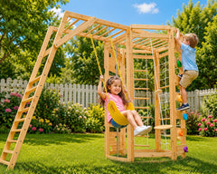 Kids Playing with Wood outdoor playset with a swing, monkey bars, ladder, climbing wall, and rope climbing.