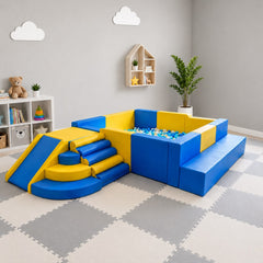 A children's foam play structure (L 350 W 240 H 60 cm) featuring a blue and yellow ball pit with steps, a slide, and a bench