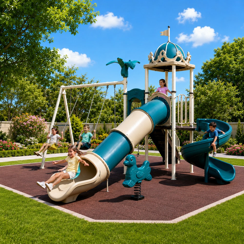 Kids enjoy Megastar Crown Adventure Outdoor Backyard Swing and Slide Playset (700 x 550 x 350 CM)