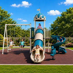 A Kid's playground set with a central spiral slide, a smaller slide, two swings, a spring rider, and a small flagpole