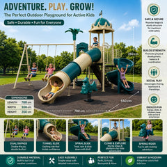 A large outdoor playground Adventure with children playing on swings, a tunnel slide, a spiral slide, a spring rider, and a climbing wall.
