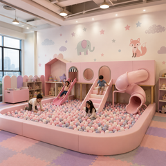 A children's Custom playground with a large pink ball pit, slide, and climbing wall. Several children are playing inside the room, which features pastel pink and lavender play mats, a window on the left, and wall decals of an elephant, fox, and stars.