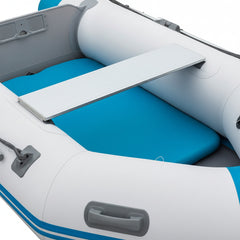 Close-up of the interior of an inflatable dinghy with a seat backrest
