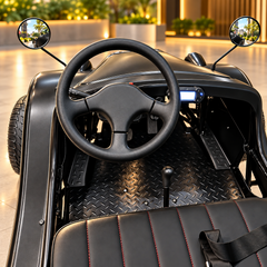 Close view of the Steering wheels , lcd display and seat views of the 150 cc mini Classic off road buggy for teens