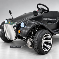 Close view of the front wheel, front disc brake, suspension and classic front bodywork of the vintage gasoline car