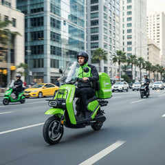 Deliver Boy ride Green EcoWay Electric delivery Bike in the City Area