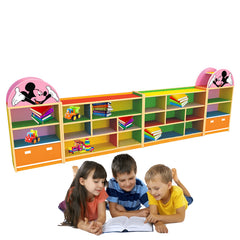 Colorful children's bookshelf with cartoon character design, children reading books in front.