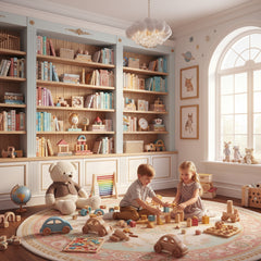 Children reading books in front of a colorful wooden toy organizer featuring Mickey and Minnie Mouse designs.
