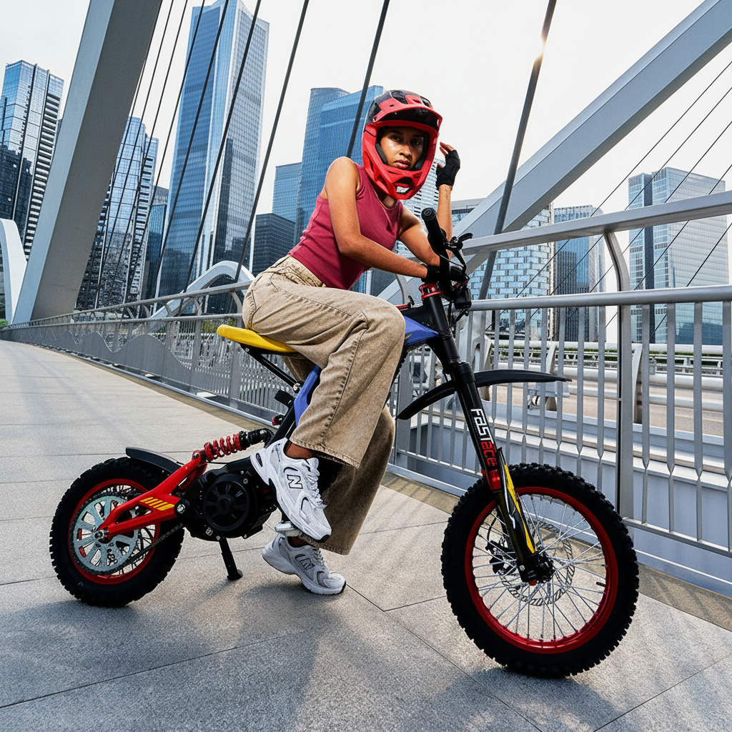 Person riding a Viper S Pit Bike with foldable seat  on a bridge 