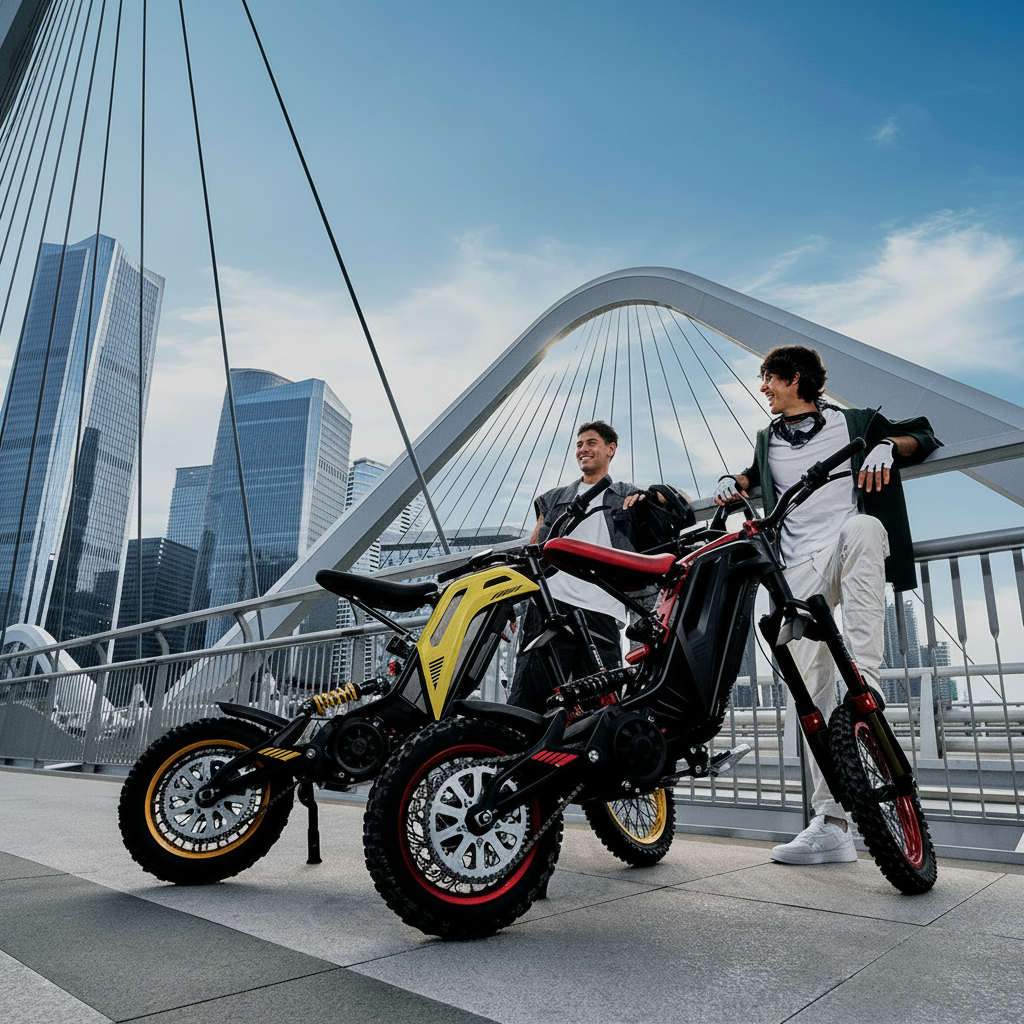 Two people with a Viper S Electric Dirt Bike on a modern bridge 