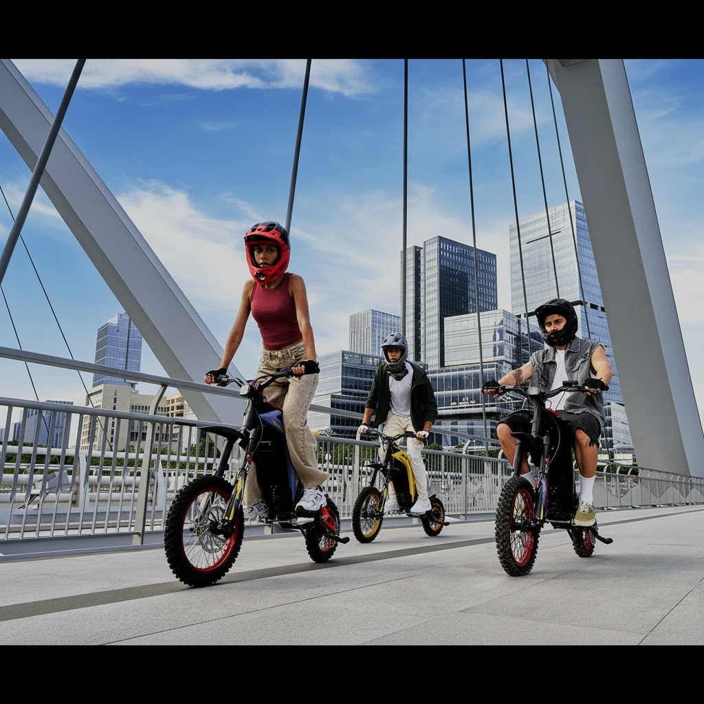Three people riding off road Viper 48 v electric bikes on a bridge 