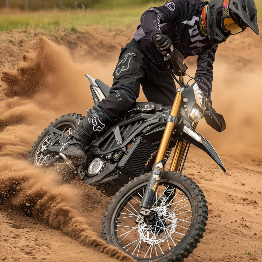 A person riding a dirt bike on a dirt track with dust in the air