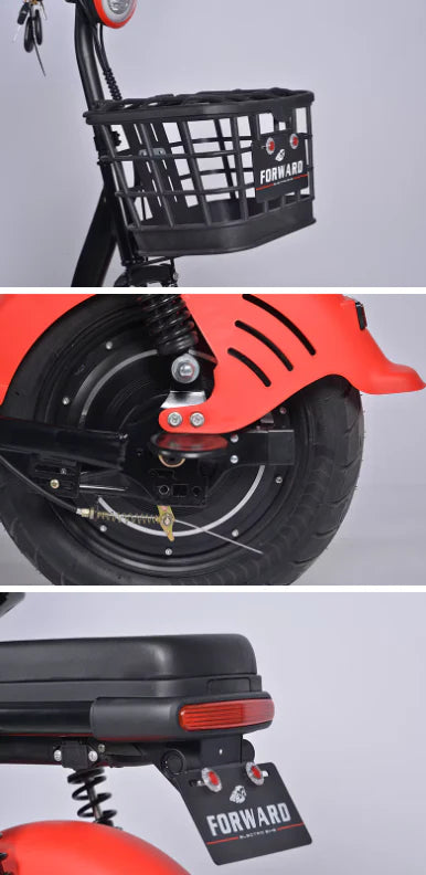 Close-up of a red kugoo electric pedal scooter with black basket, tire, and rear light 