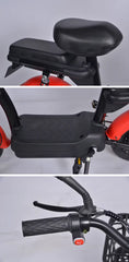 Close-up of a red electric kugoo T4 electric scooter double seats and handlebar  and hand throttle