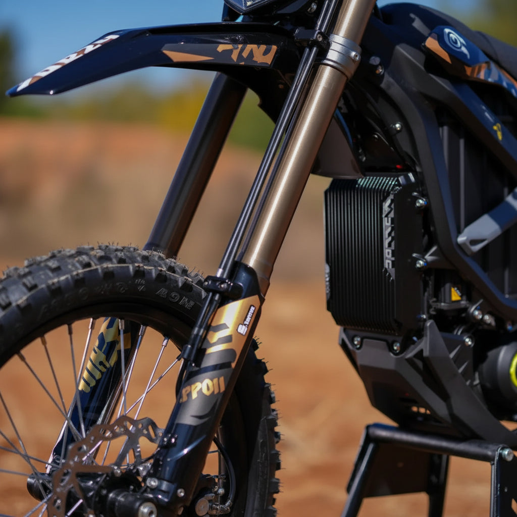 Close-up of a dirt bike with suspension fork and engine