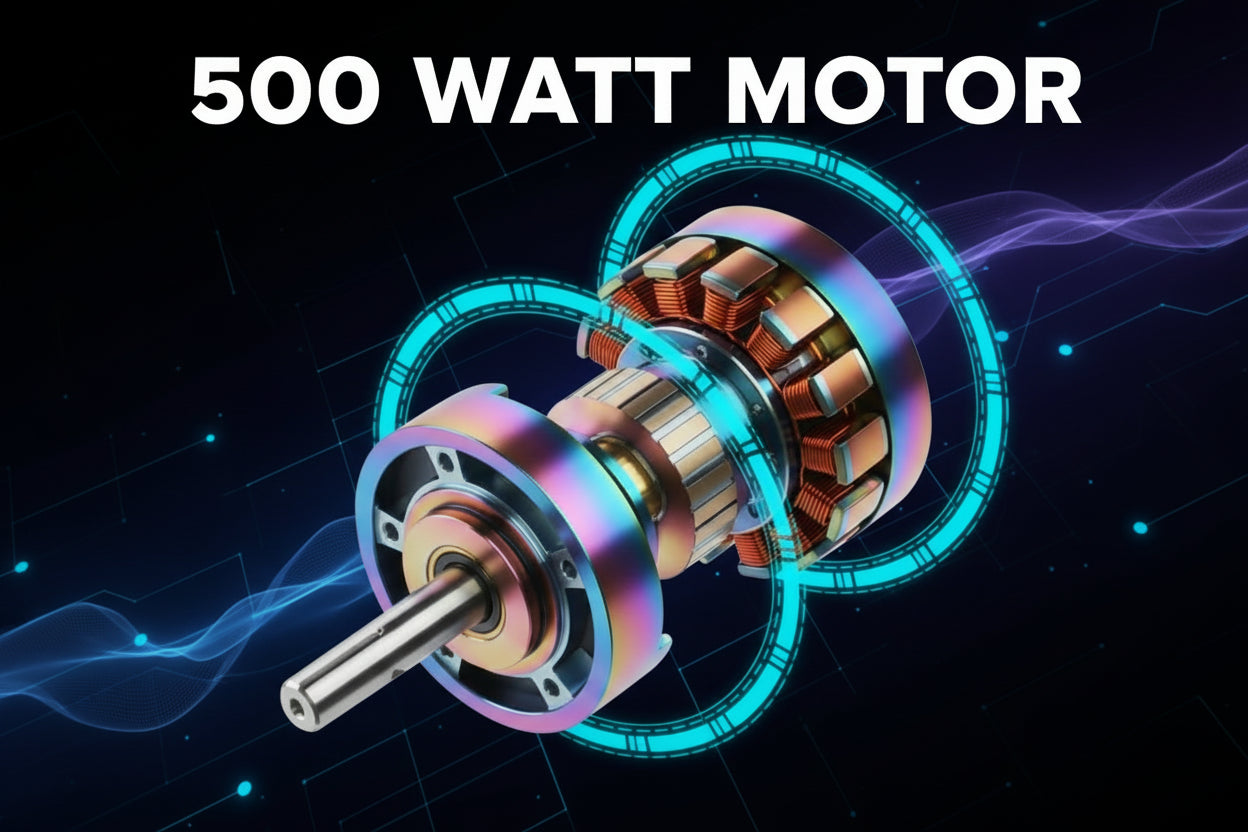 Close-up of a scooter wheel with mechanical components on a white background