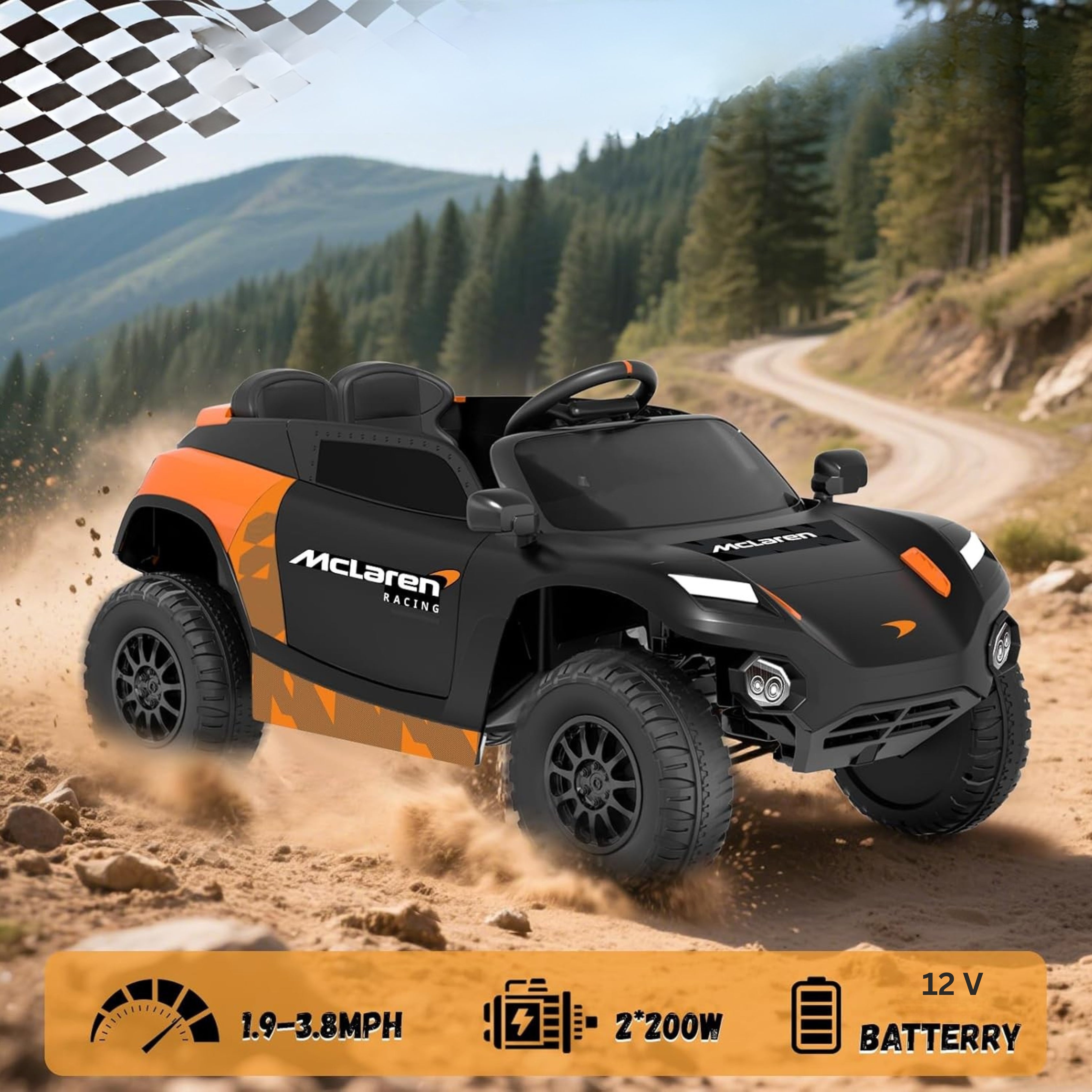 Children's toy car with McLaren on a dirt road with mountains