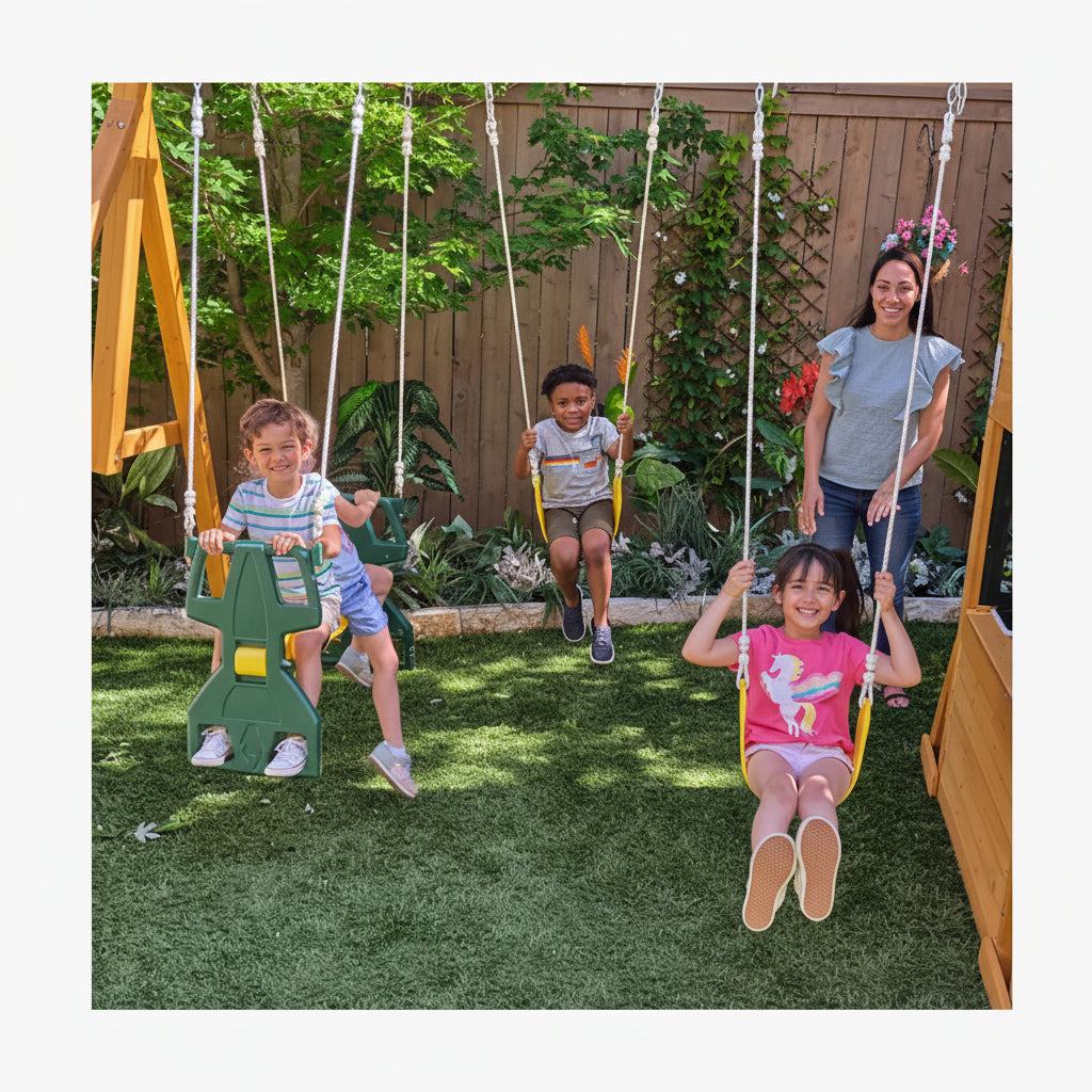 Children playing on swings and glider in a backyard 
