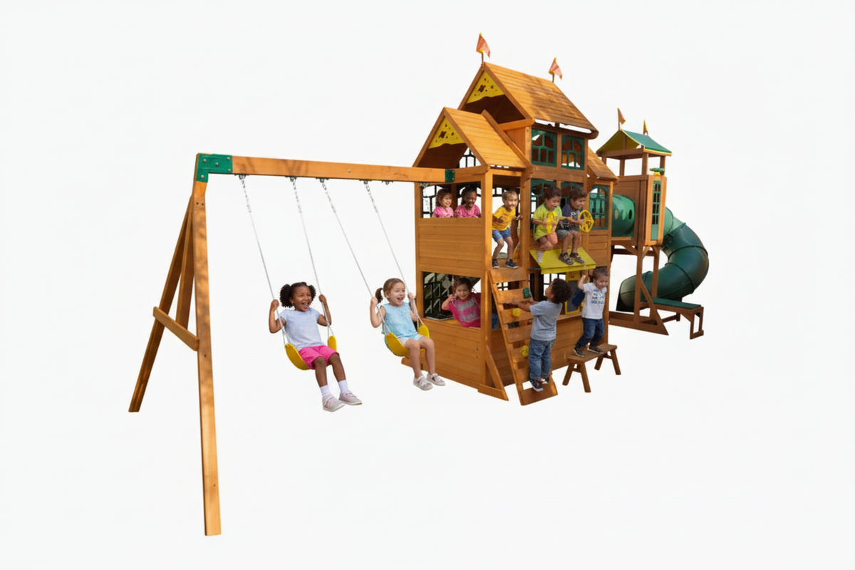 KidKraft Bear Cave Lodge Swing Set with 2 Swings ,Tunnel slide , wall climber , playtables and  ultiple activities