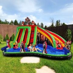 Megastar Wrestling Themed Water Park, Inflatable Outdoor Backyard Water Slide Splash Bouncer for Kids -8 x 7 x 6 M