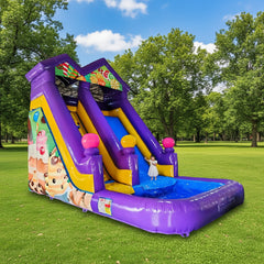 Colorful inflatable slide with cartoon characters