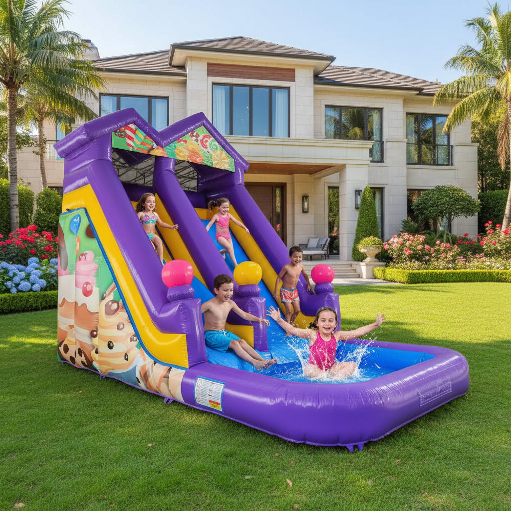 Colourful inflatable slide with pool