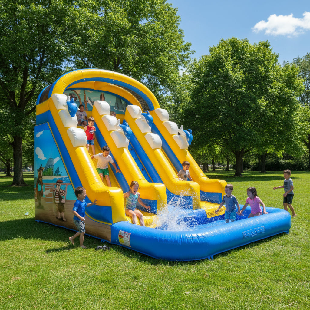 Kids Play Lane Inflatable Water Slide with Cloud Arch and Splash Pool