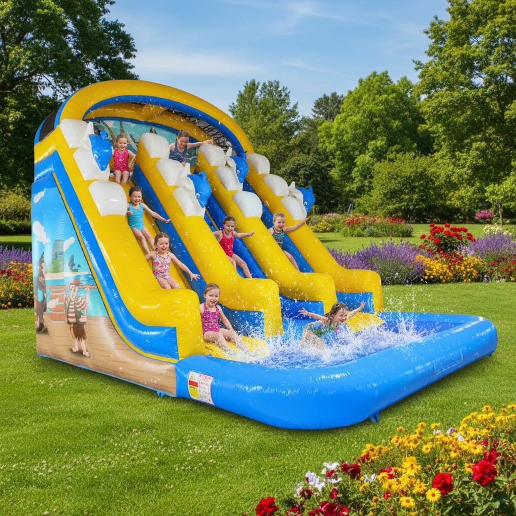 Megastar Dual Lane Inflatable Water Slide with Cloud Arch and Splash Pool for Kids 7x 5 x 6 m