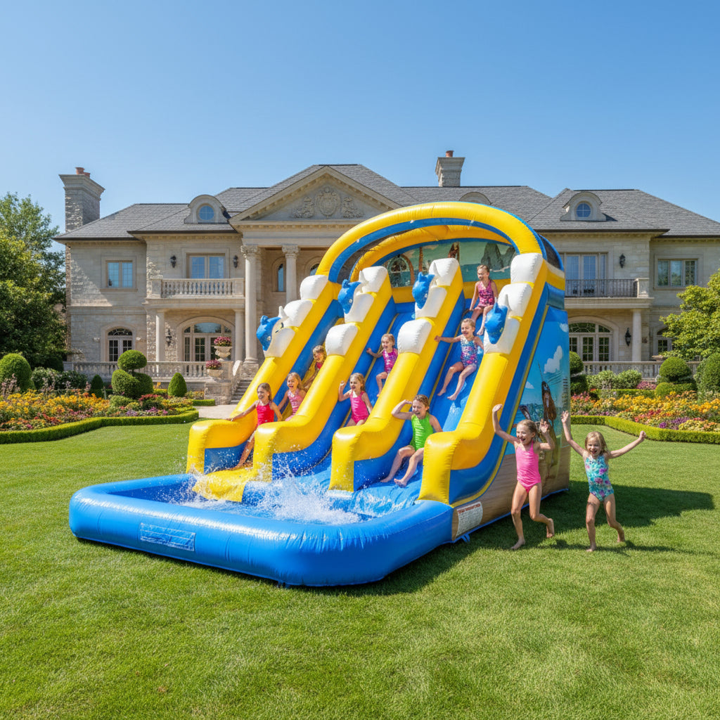 Inflatable water slide with blue and yellow colors 
