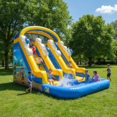 Kids Play Lane Inflatable Water Slide with Cloud Arch and Splash Pool