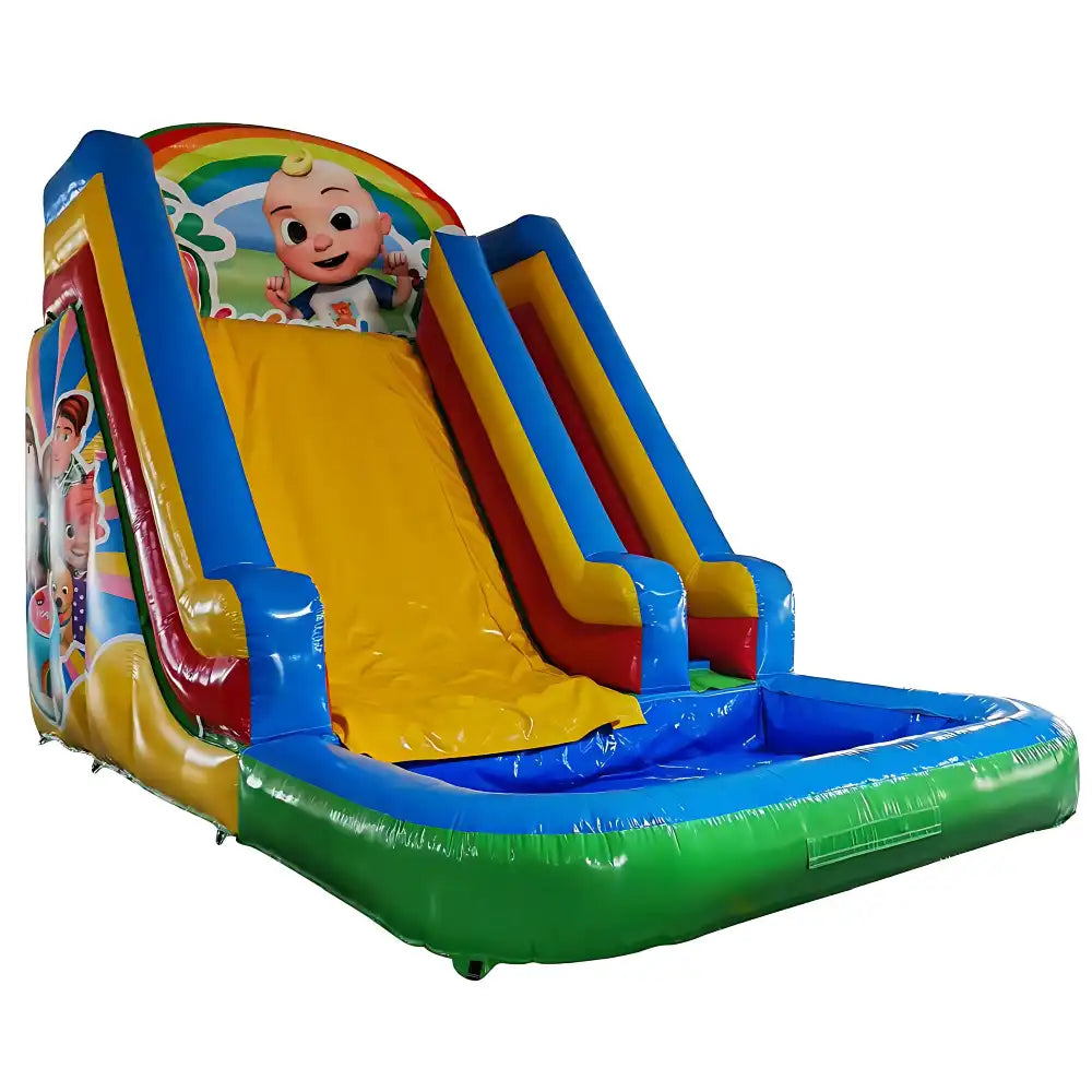 Colorful inflatable slide with cartoon character