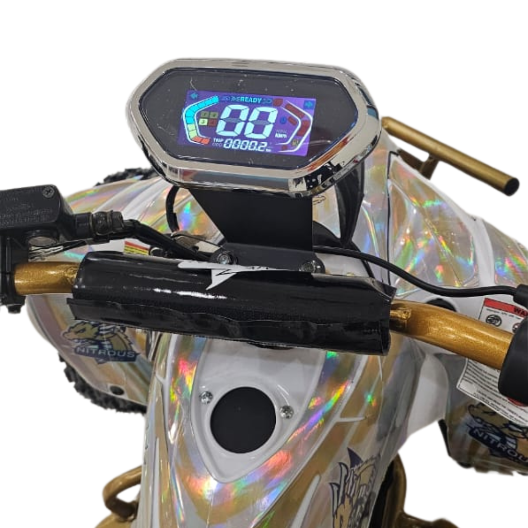Close-up of a 36 V Electric ATV Power Quad Bike handlebar with a digital speedometer display -gold color