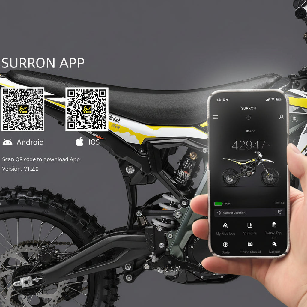Hand holding a smartphone with the Surron app