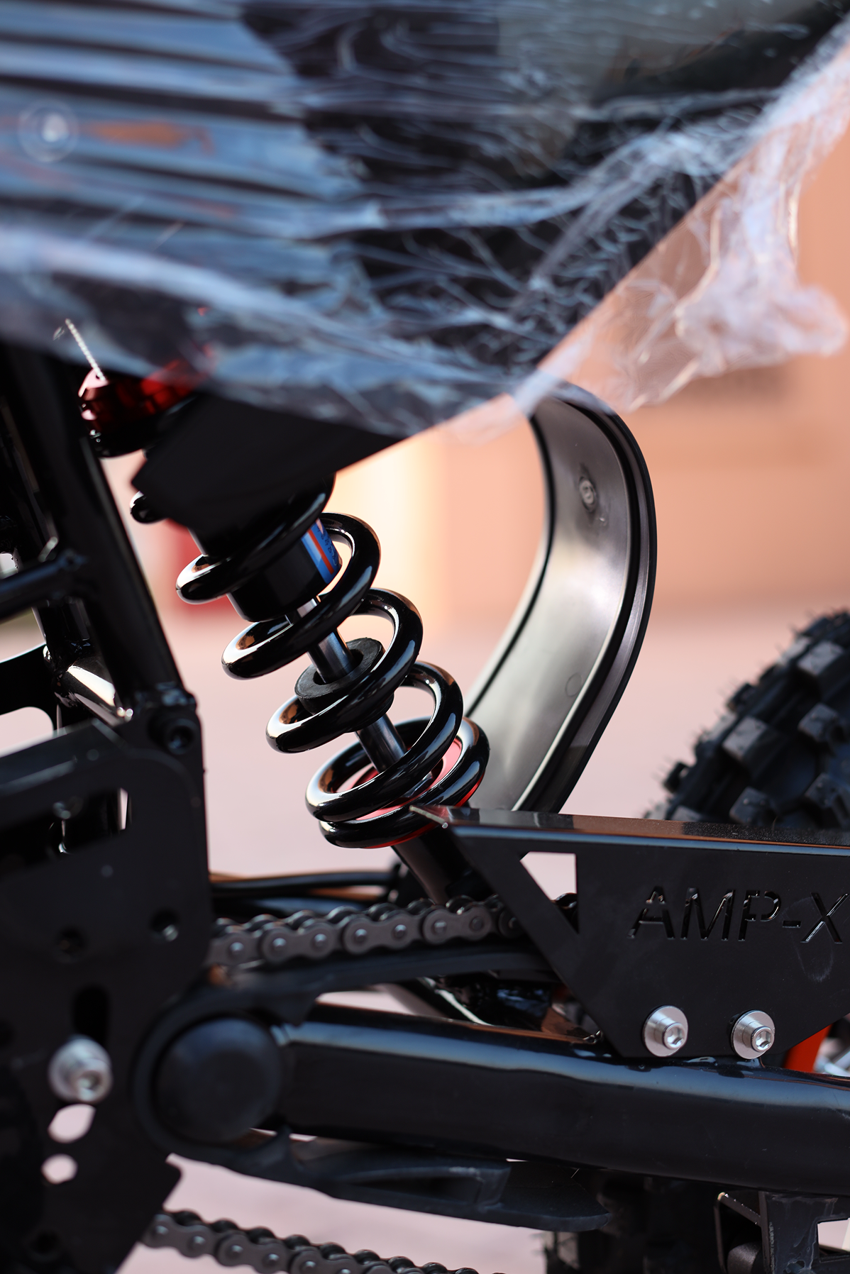 Close-up of a motorcycle suspension system