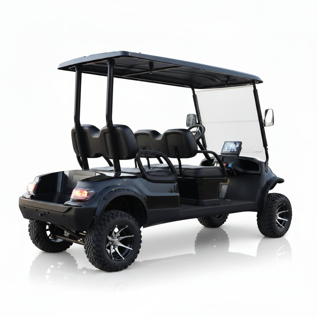 REAR VIEW of Black Keon golf cart with four seats
