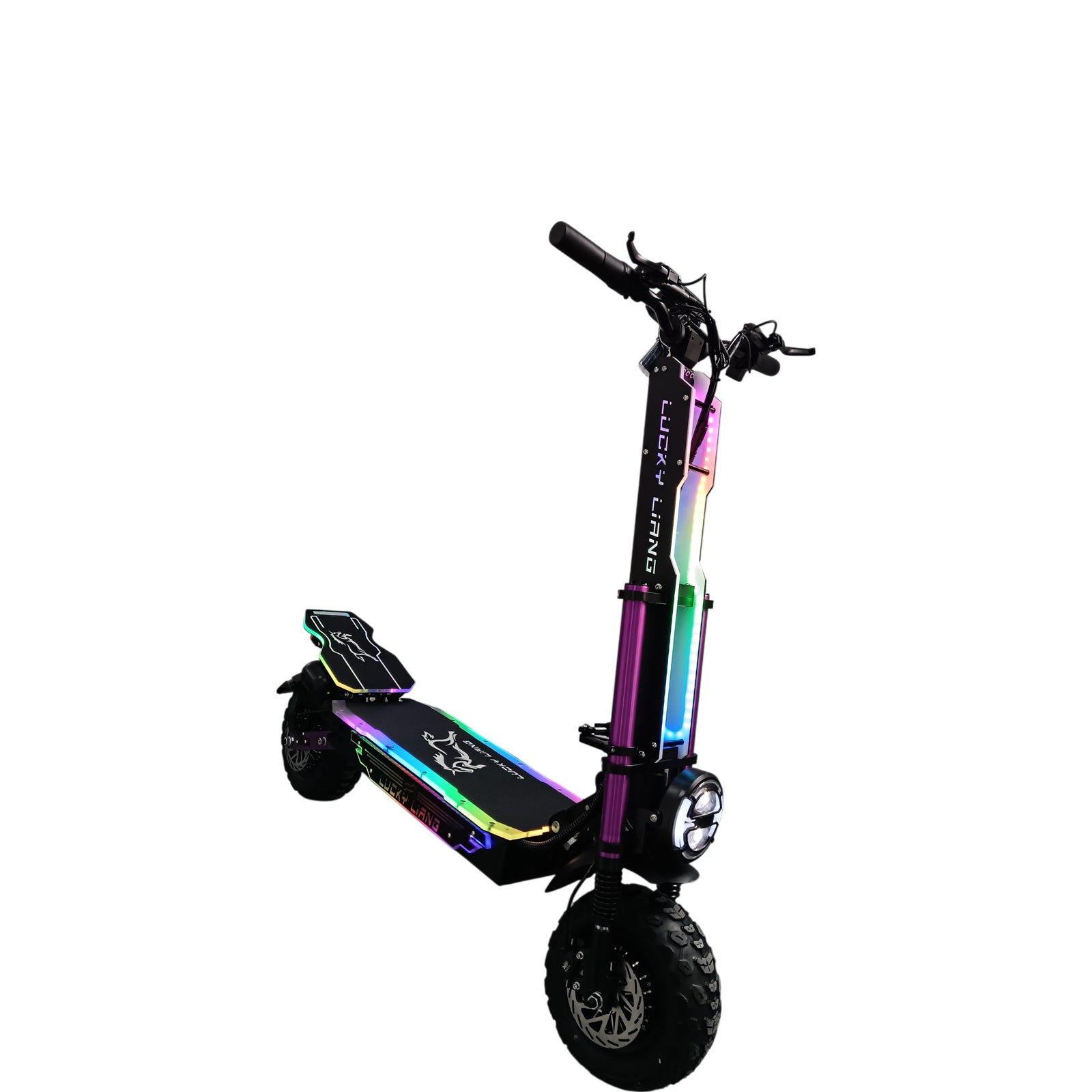 Black electric scooter with rainbow accents