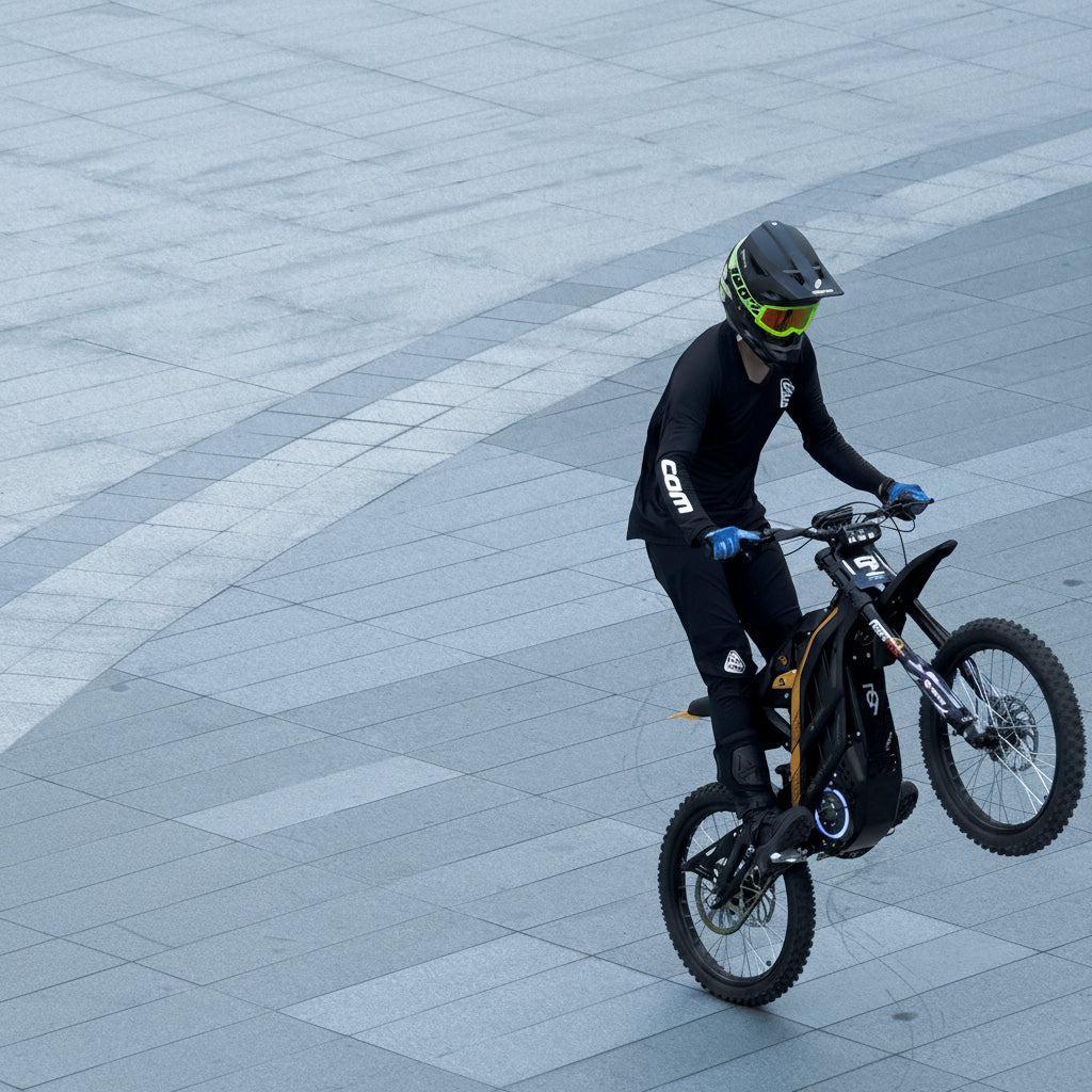 Person riding a 79BIKE-Falcon Pro Electric Dirt Bike on a tiled pavement