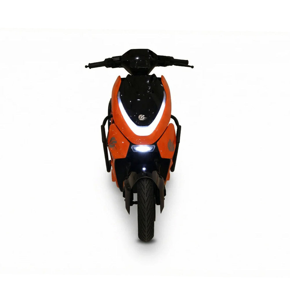 Front view of Orange scooter with a white stripe